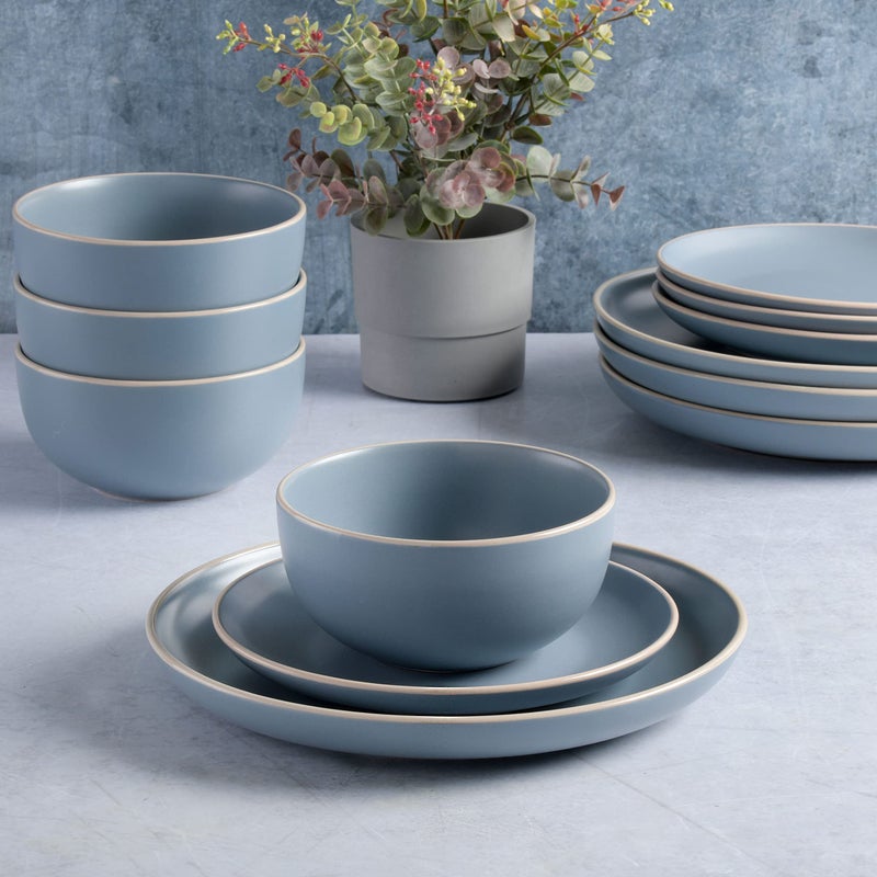 Gibson Home Rockaway 12-Piece Round Stoneware Dinnerware Set, Service for 4 â€“ Blue Plates and Bowls, Microwave & Dishwasher Safe - Image 5